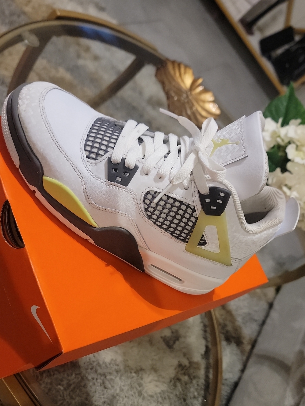 Jordan 4 Retro Big Boys Size 5.5 White Sneakers with Lime and Gray Accents